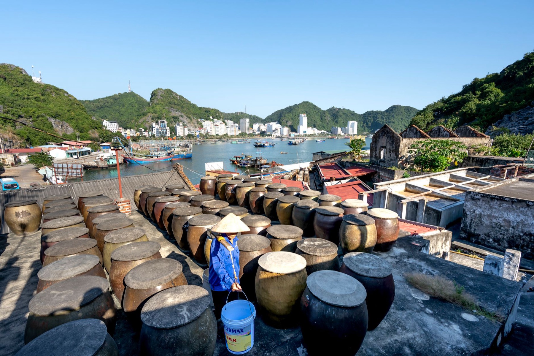 Cat Ba — Rooftop jars overlooking a vibrant coastal town and harbor under a clear sky.
